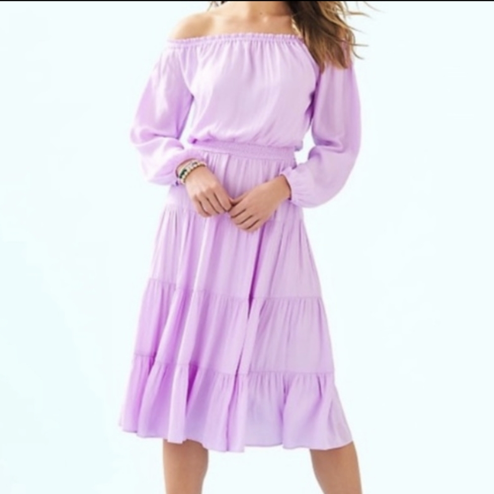 Lilly Pulitzer Lilac Satin Dot Jennie Off The Shoulder Midi Dress